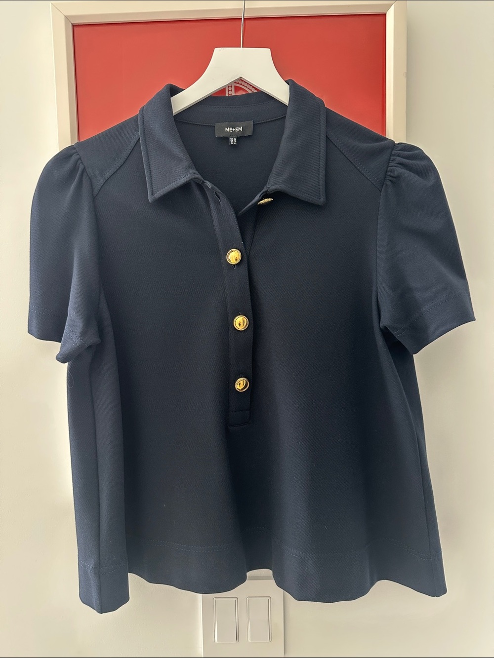 ME+EM Navy Short-Sleeve Button Polo with Gold Buttons
